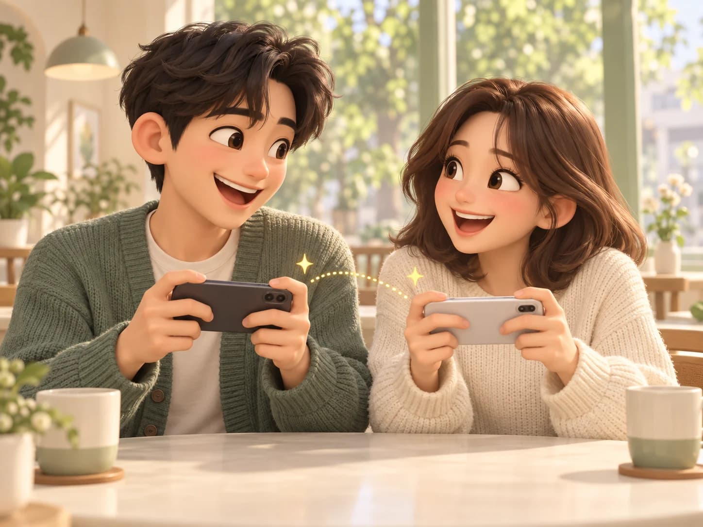 각자의 휴대폰으로 게임하며 서로를 바라보고 환하게 웃는 두 친구